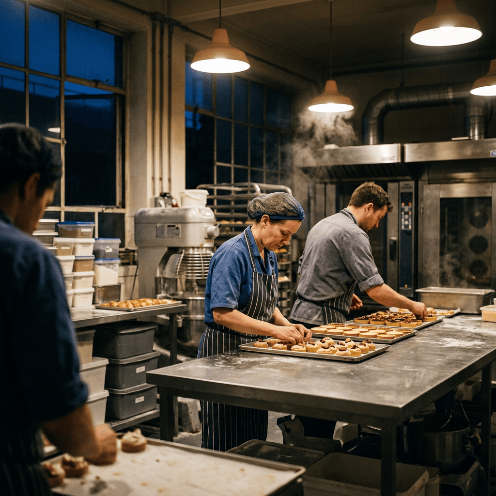 Three bakery workers arranging pastries on trays in a commercial kitchen