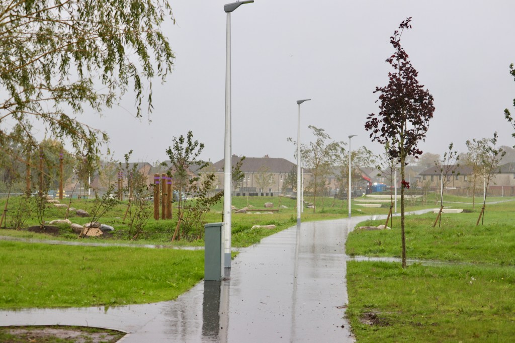 A wet pathway in a park lined with trees and street lamps, with overcast skies and buildings in the background.